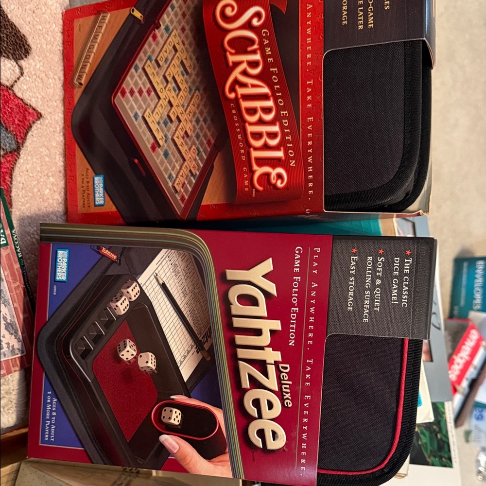 Yahtzee Delux and Scrabble game folio editions, new in box